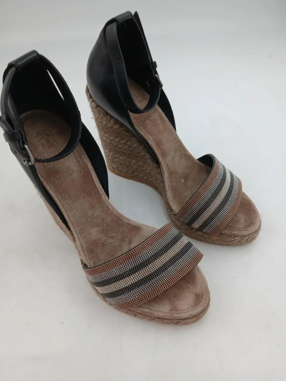Brunello Cucinelli Shoes Womens Brown Leather Espadrille Wedge Sandals Size 7.5